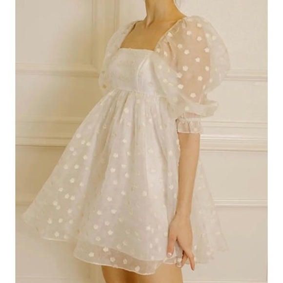 Storia Dresses & Skirts - Storia 3-D Tiny Daisy Floral Baby Doll Mini Dress Small Puff Sleeve Romantic